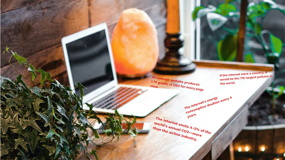 Laptop on a table with environmental paragraphs written over the image