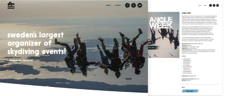 Screenshot of two of Skydive Swedens web pages